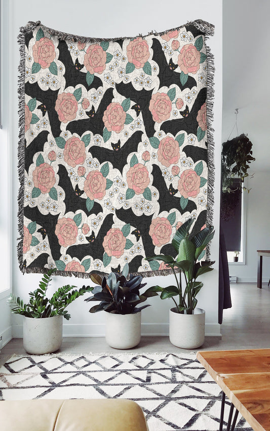 Gothic Bat Floral Woven Blanket