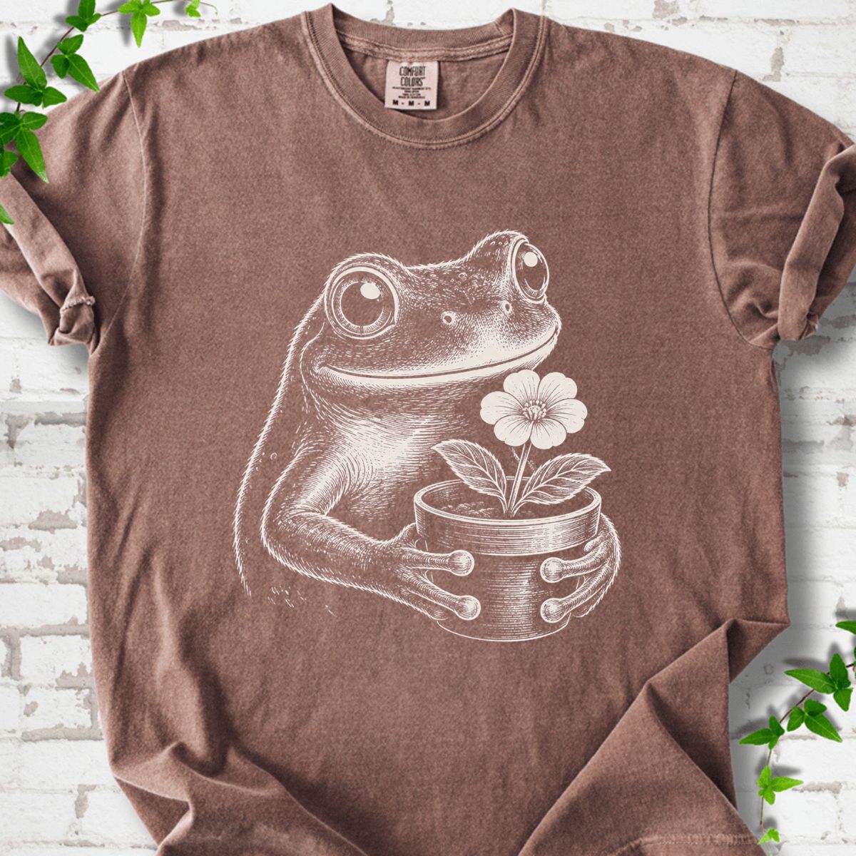 Frog With Flower Pot Art T-Shirt