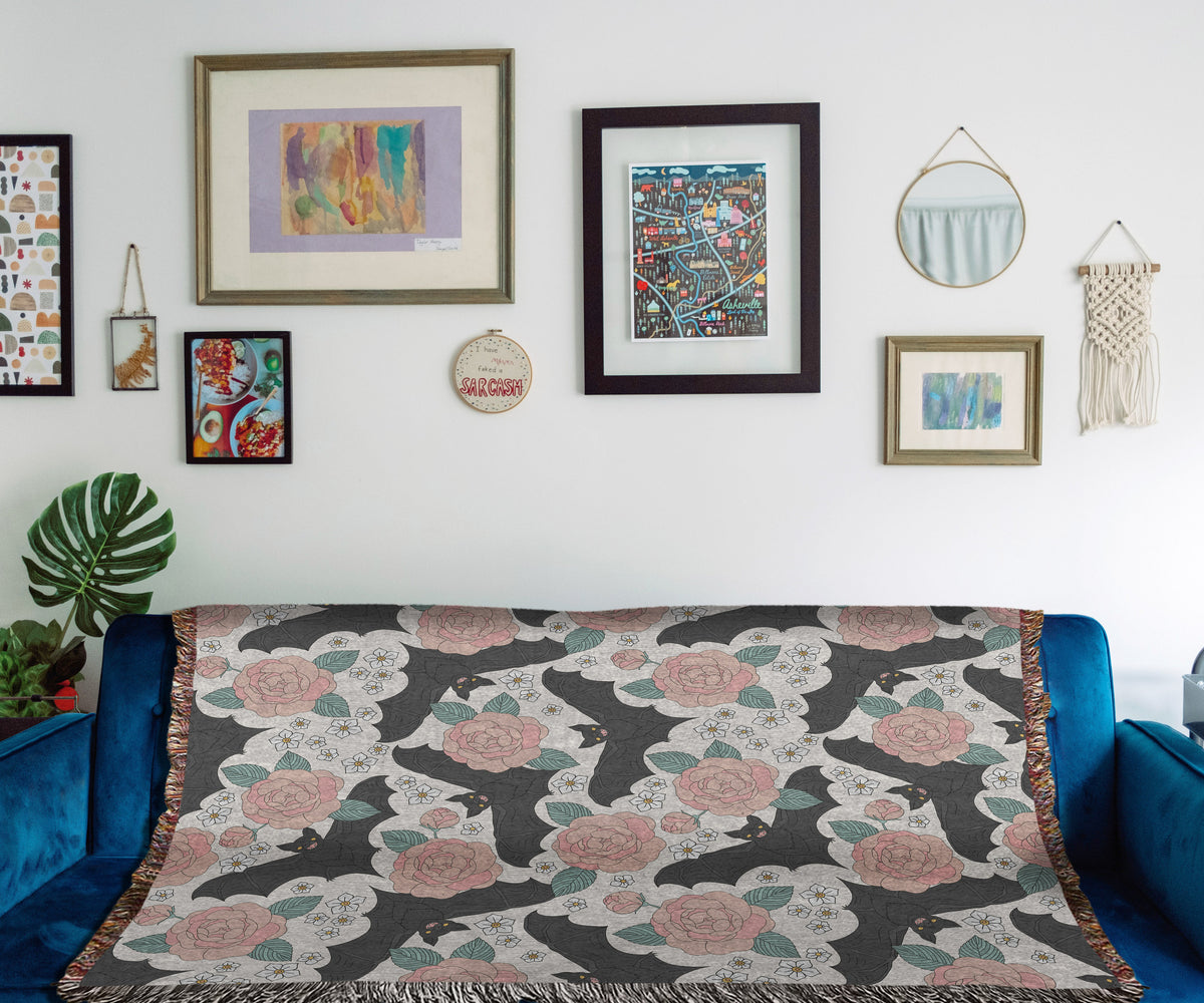 Gothic Bat Floral Woven Blanket