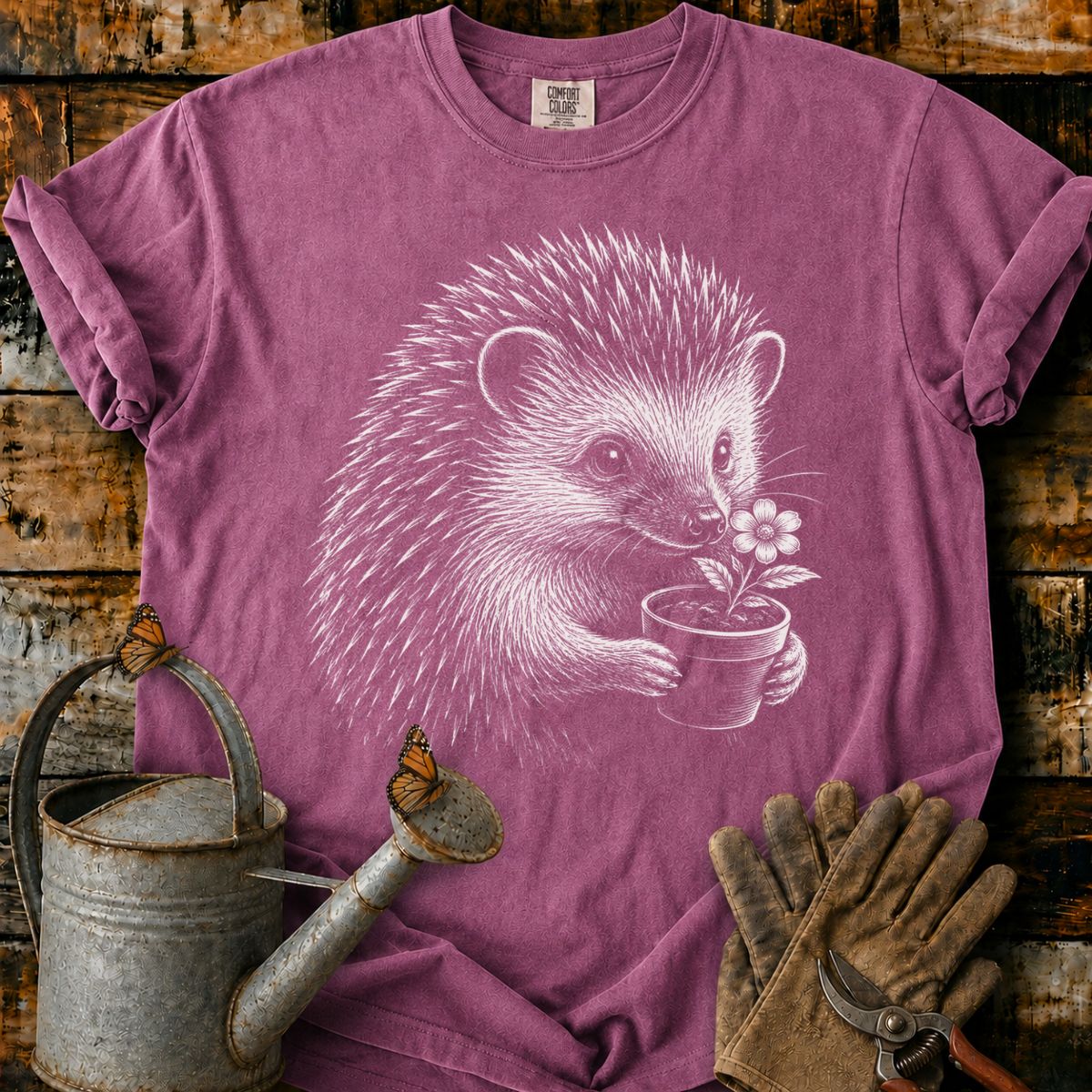 Hedgehog With Flower Pot Art T-Shirt