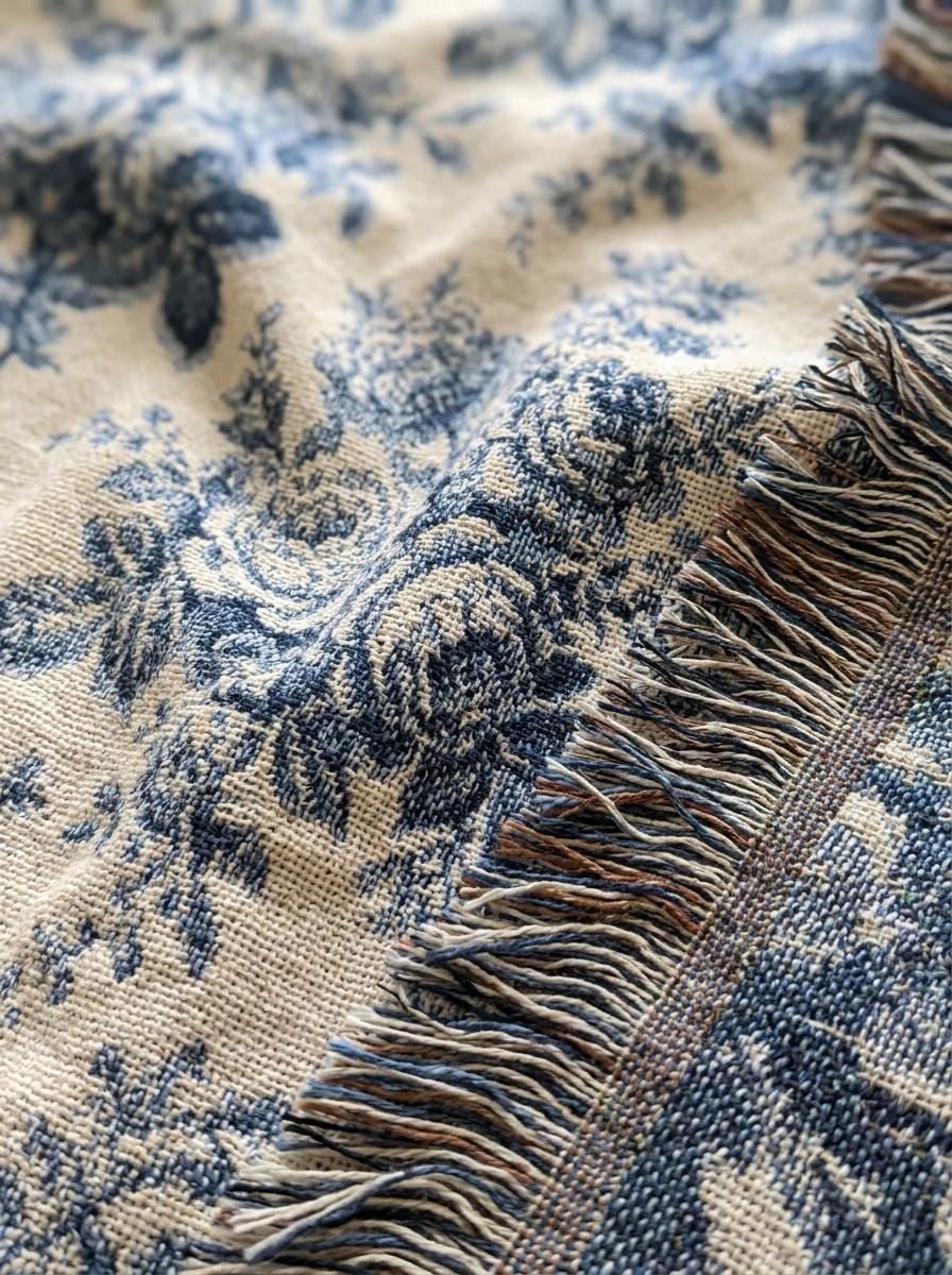 Blue Toile Rose Woven Blanket