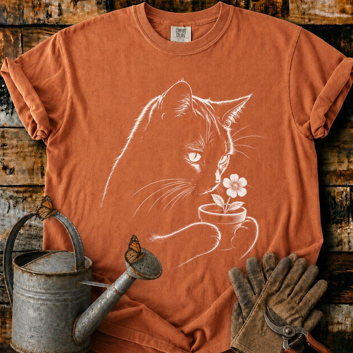 Black Cat With Flower Pot Art T-Shirt