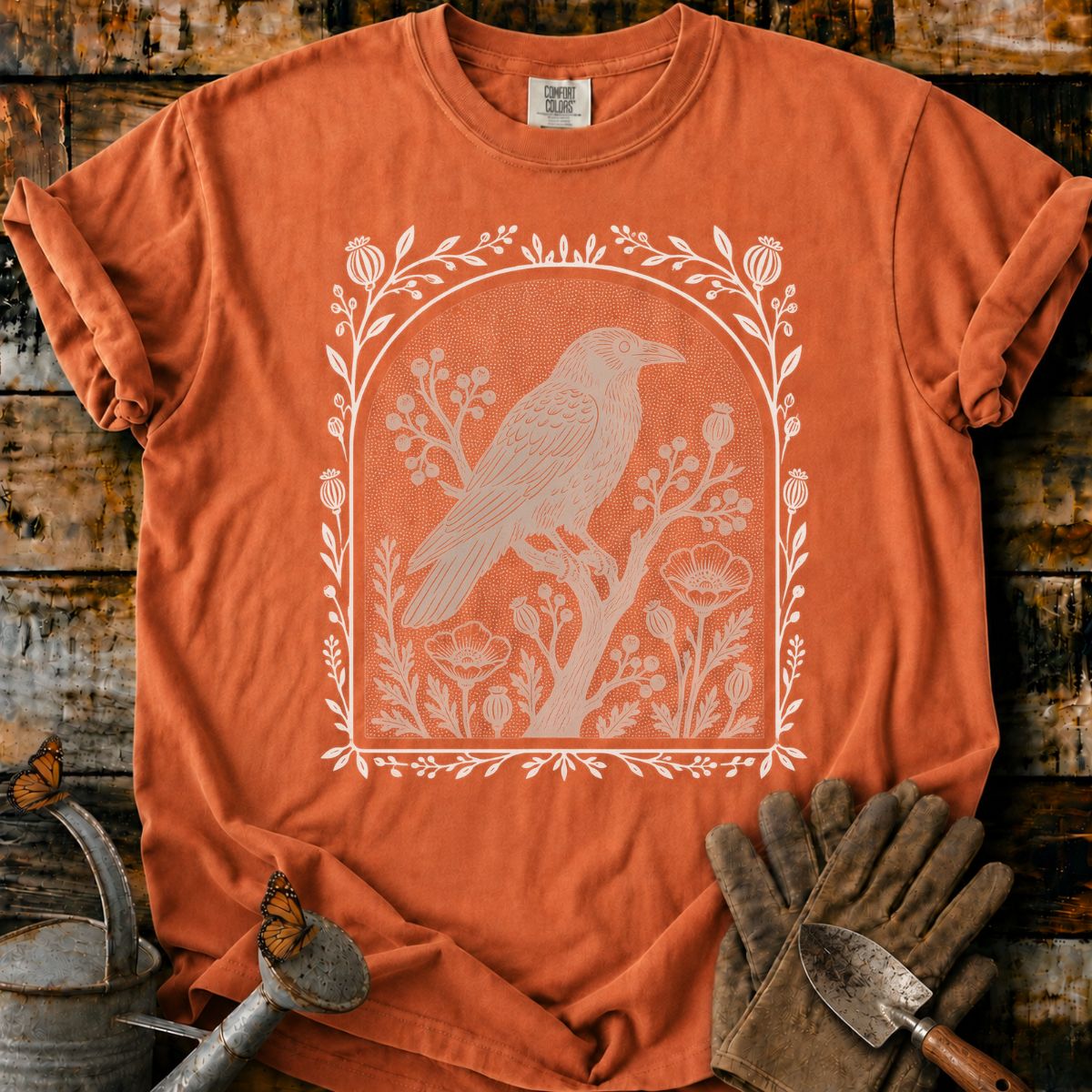 Lone Raven in a Botanical Arch T-Shirt