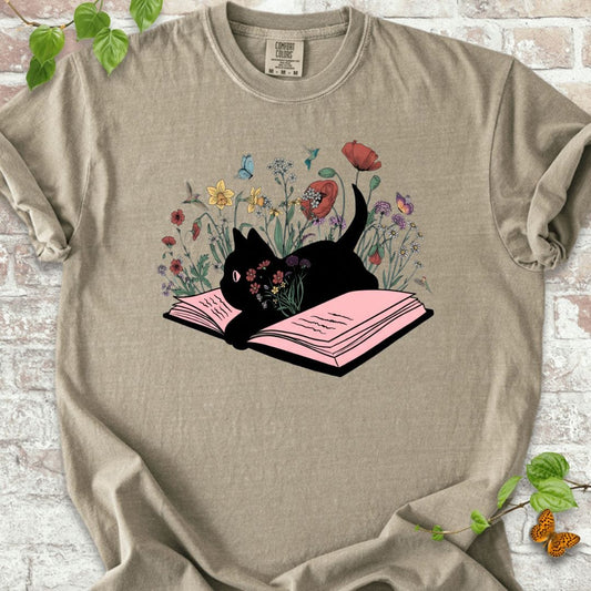 Black Cat and Flowers T-Shirt