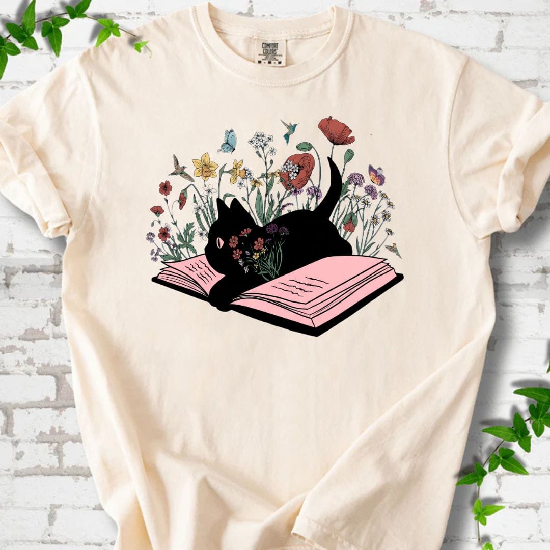 Black Cat and Flowers T-Shirt