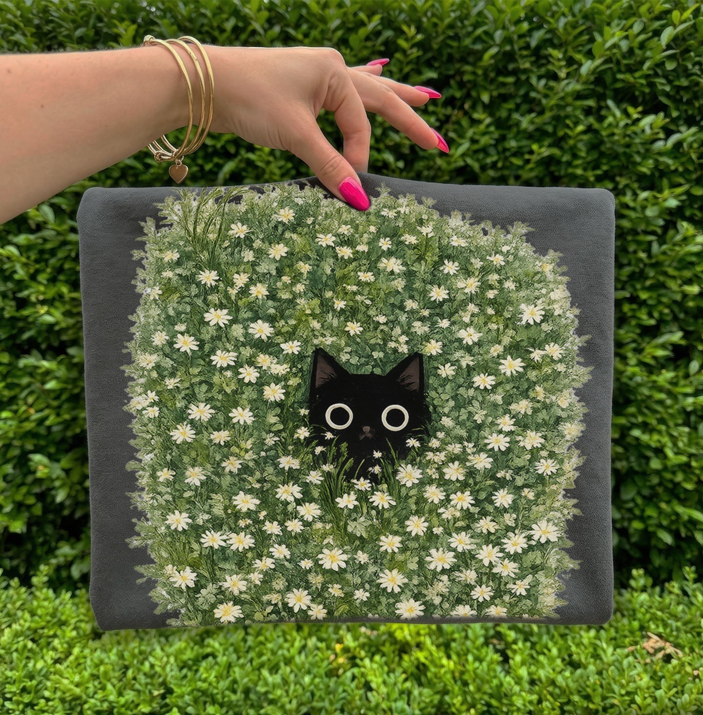 Black Cat Amongst Wildflowers Daisy T-Shirt