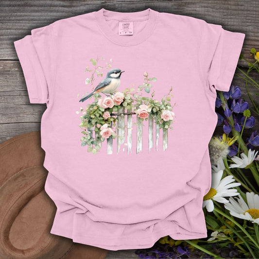 Chickadee on Rose Garden Fence T-Shirt
