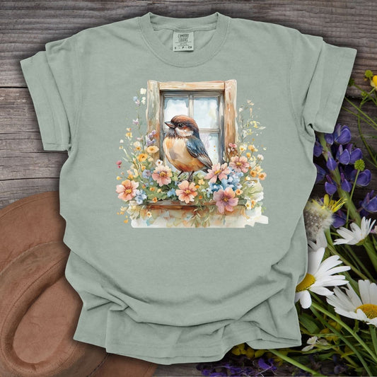 Cottagecore Bluebird on a Floral Windowsill T-Shirt