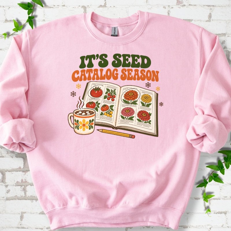 Cozy 1970s Seed Catalog Season Sweatshirt in Light Pink – PlotlyGarden
