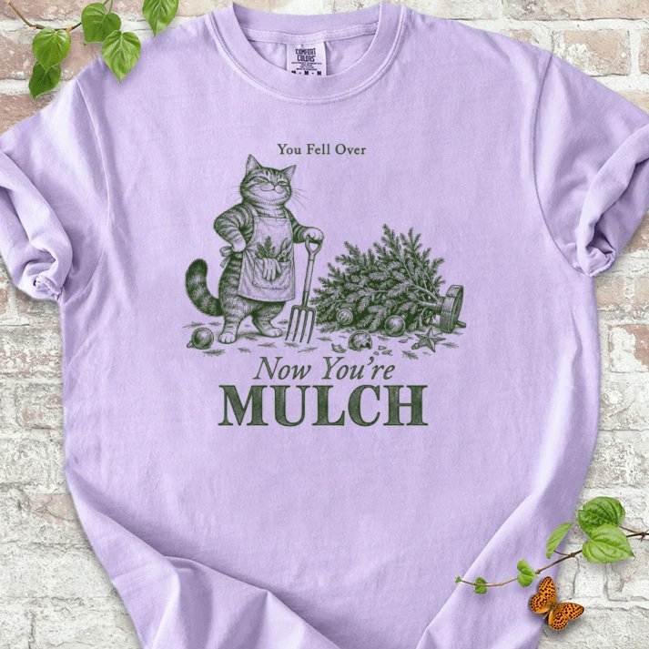 Gardening Cat Fallen Christmas Tree Mulch T-Shirt in Orchid – PlotlyGarden