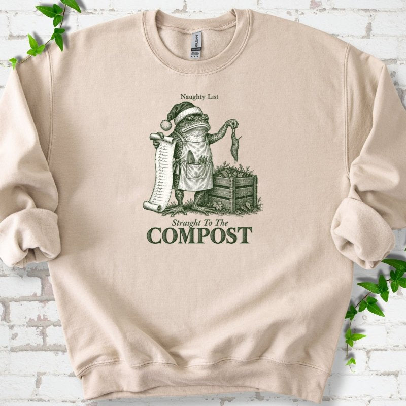 Naughty List Frog Slug Compost Bin Sweatshirt in Sand – PlotlyGarden