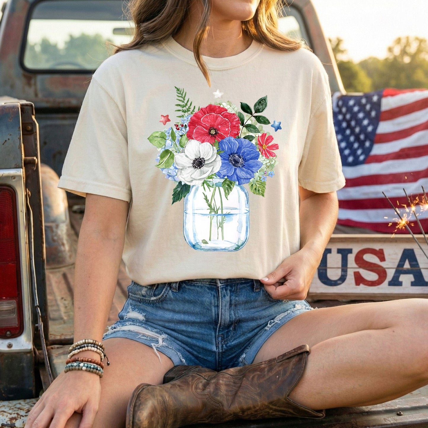 Patriotic Floral Bouquet in Mason Jar T-Shirt