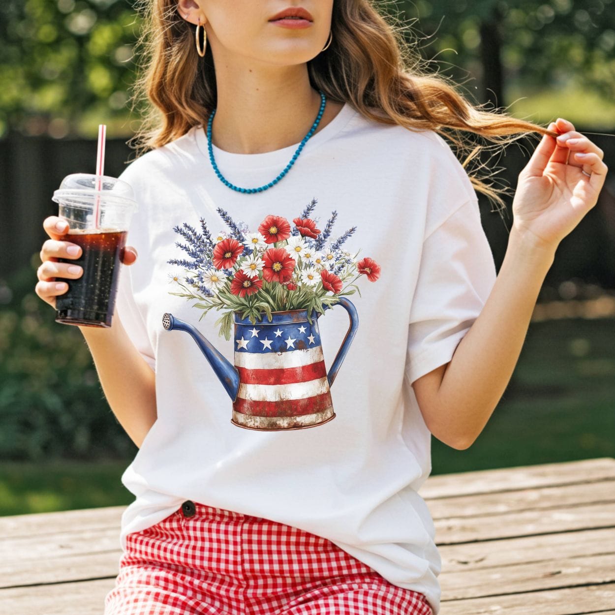Patriotic Watering Can with Mixed Flowers T-Shirt