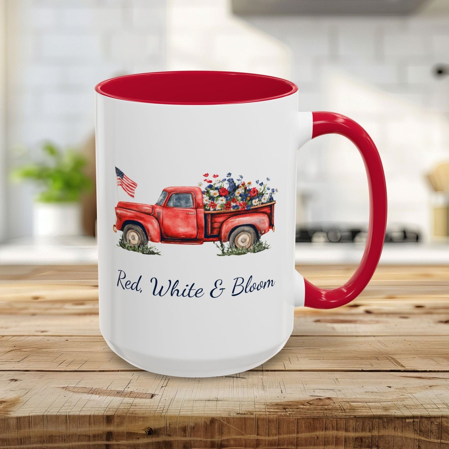 Red, White & Bloom Mug — Patriotic Floral Pickup Truck (11/15oz)