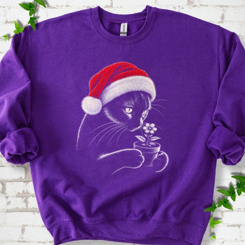Santa Cat Holding A Potted Flower Sweatshirt in Purple – PlotlyGarden