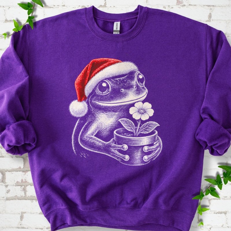 Santa Frog Holding A Potted Flower Sweatshirt in Purple – PlotlyGarden