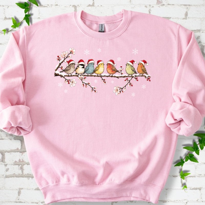 Seven Santa Songbirds On Snowy Blossom Branch Sweatshirt in Light Pink – PlotlyGarden