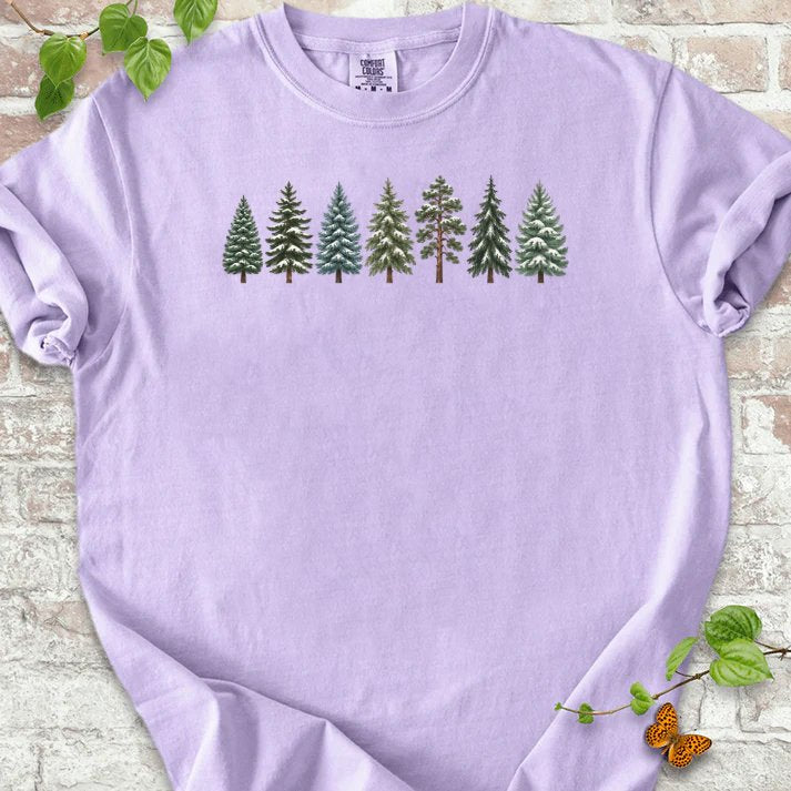 Seven Snow Dusted Conifers In A Row T-Shirt in Orchid – PlotlyGarden