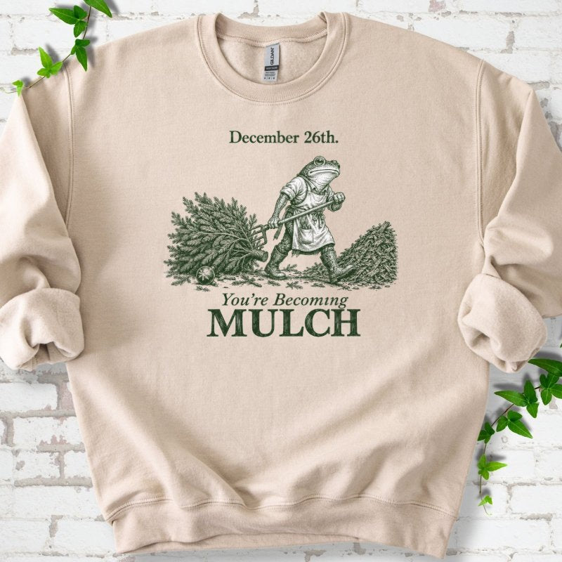 Walking Frog Turning Christmas Tree Into Mulch Sweatshirt in Sand – PlotlyGarden