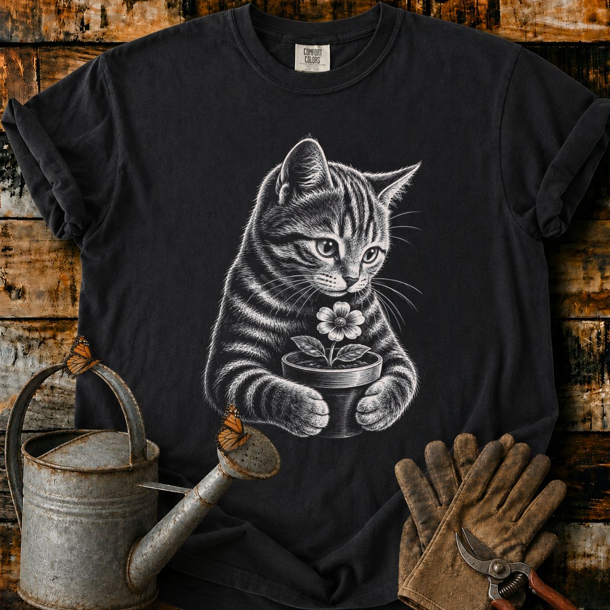 Orange Tabby With Flower Pot Art T-Shirt