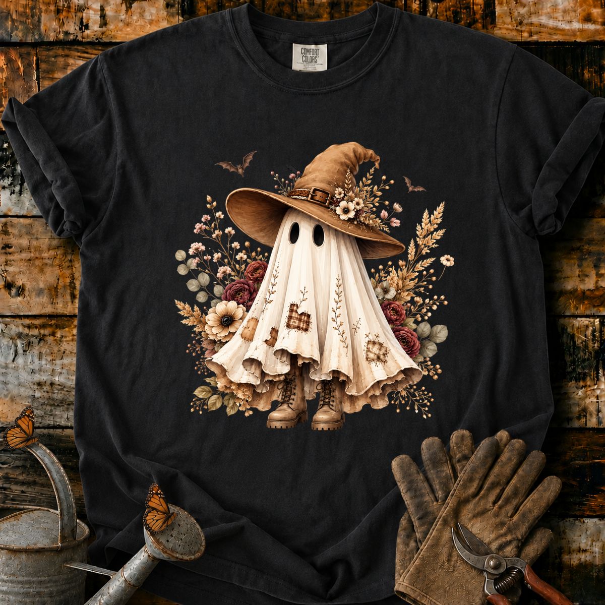 Whimsical Ghost Witch in Autumn Blooms T-Shirt