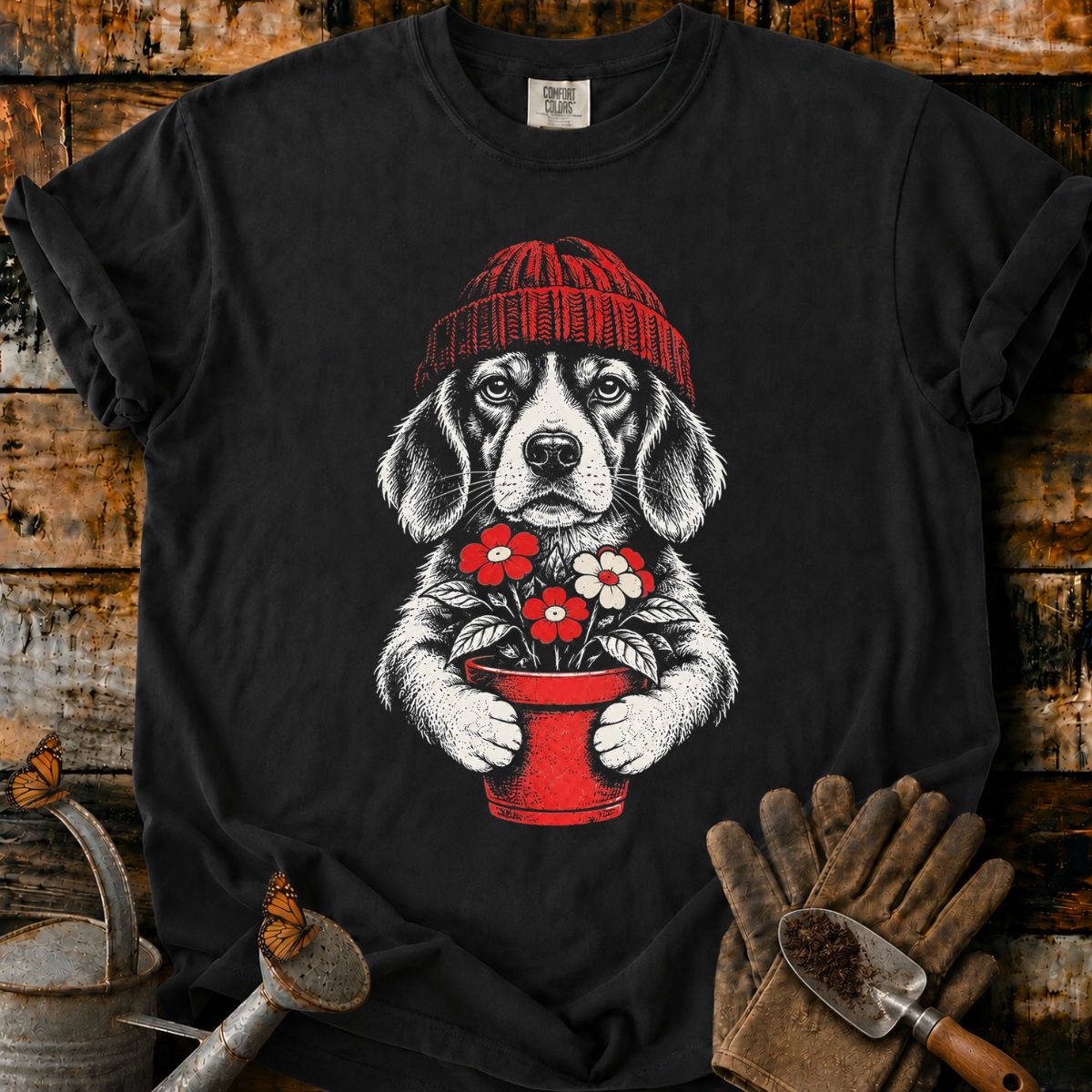 Beagle in Red Beanie with Flowers T-Shirt