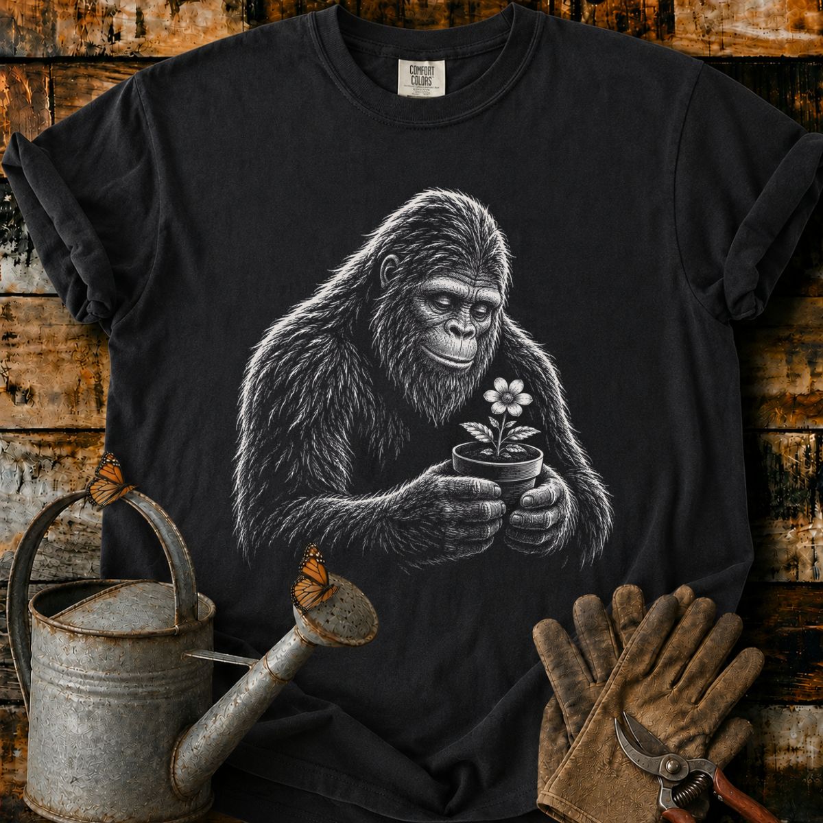 Bigfoot With Flower Pot Art T-Shirt