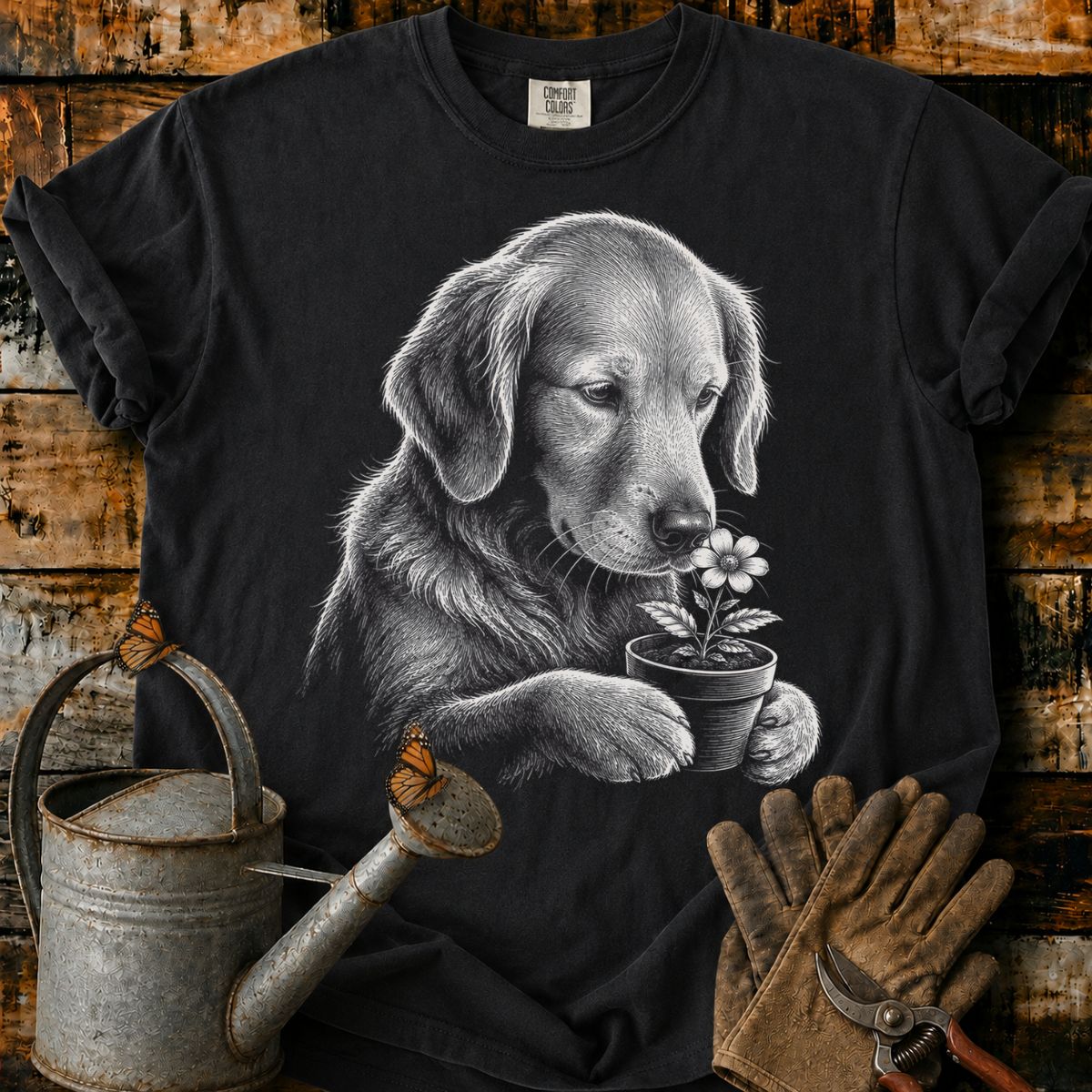 Golden Retriever With Flower Pot Art T-Shirt