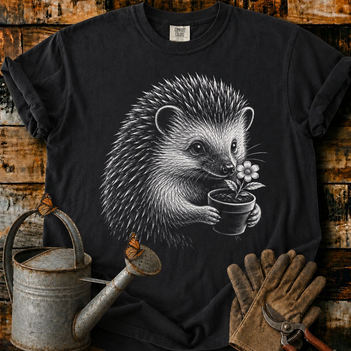 Hedgehog With Flower Pot Art T-Shirt