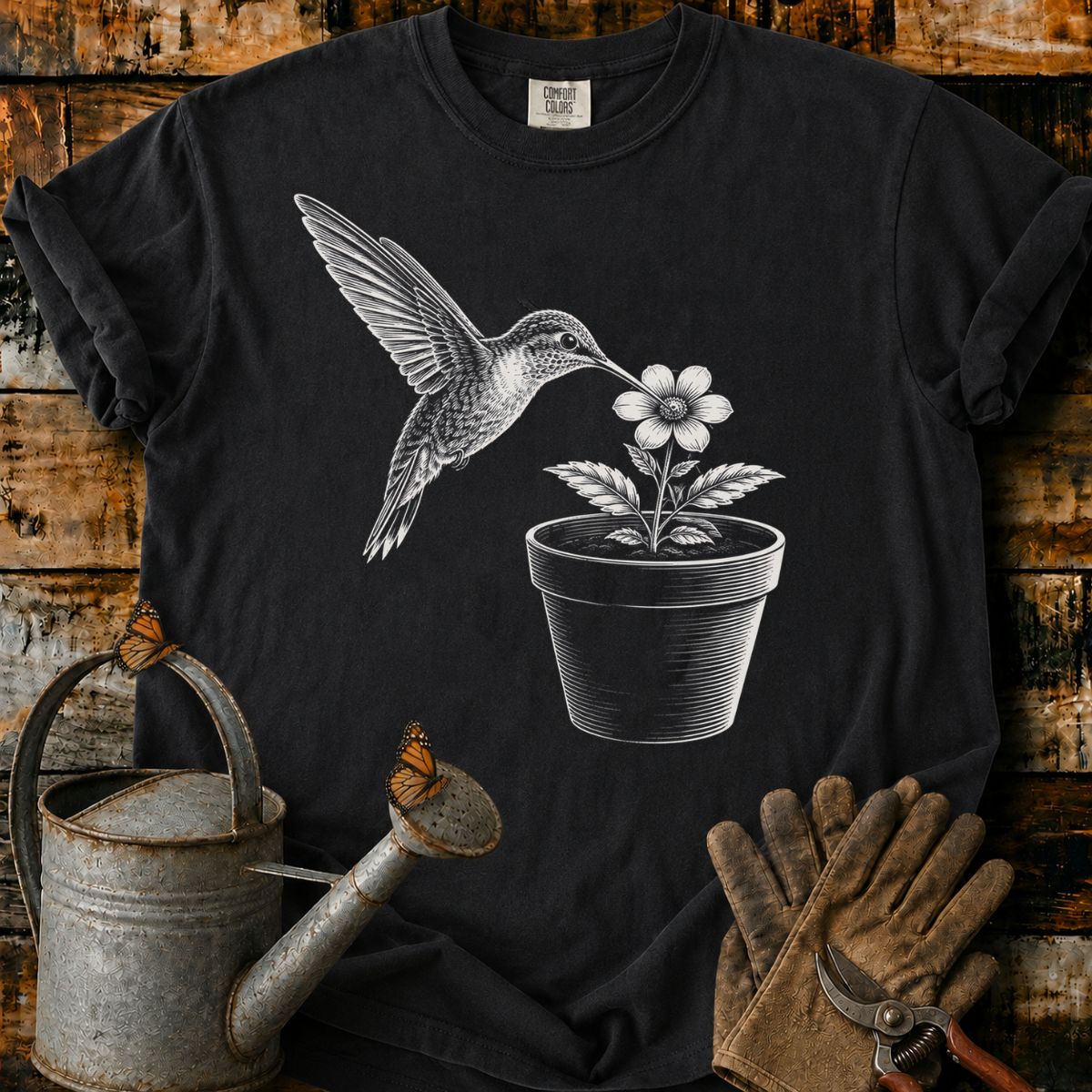 The hummingbird With Flower Pot Art T-Shirt