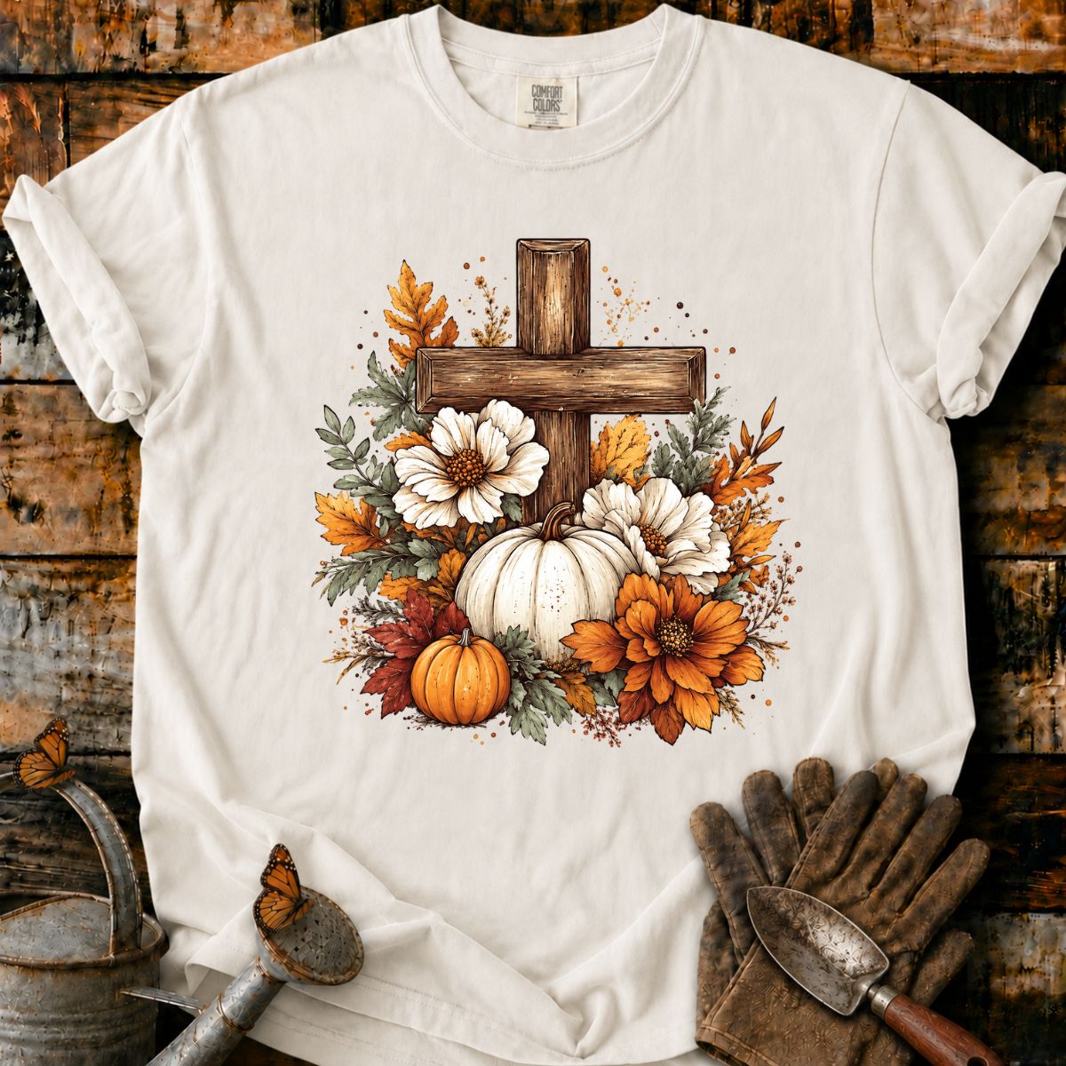Rustic Autumn Cross with Pumpkins T-Shirt