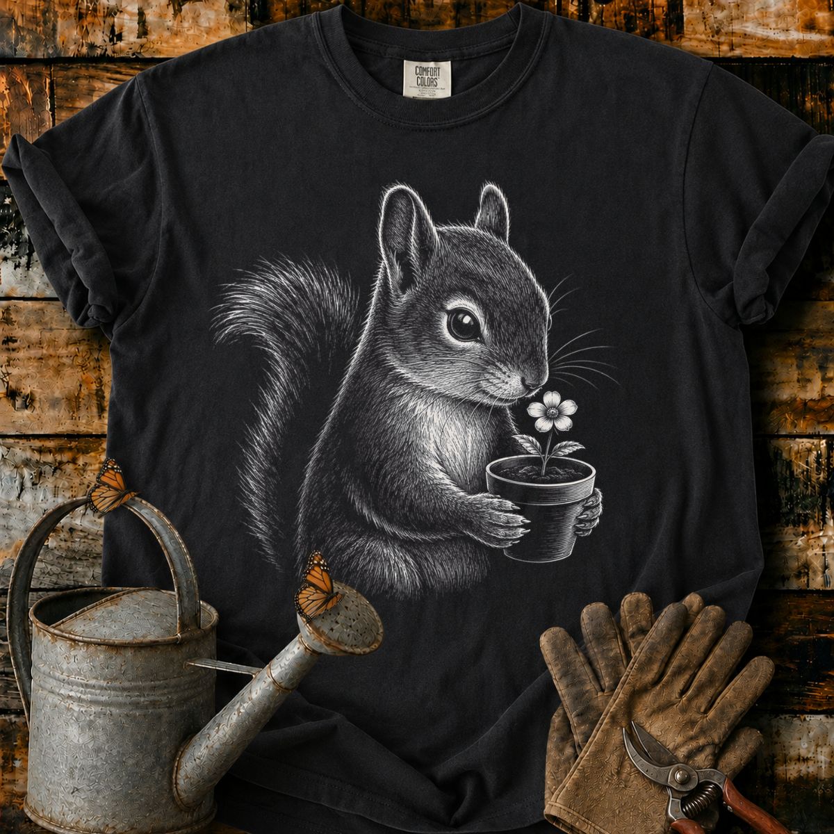 Squirrel With Flower Pot Art T-Shirt