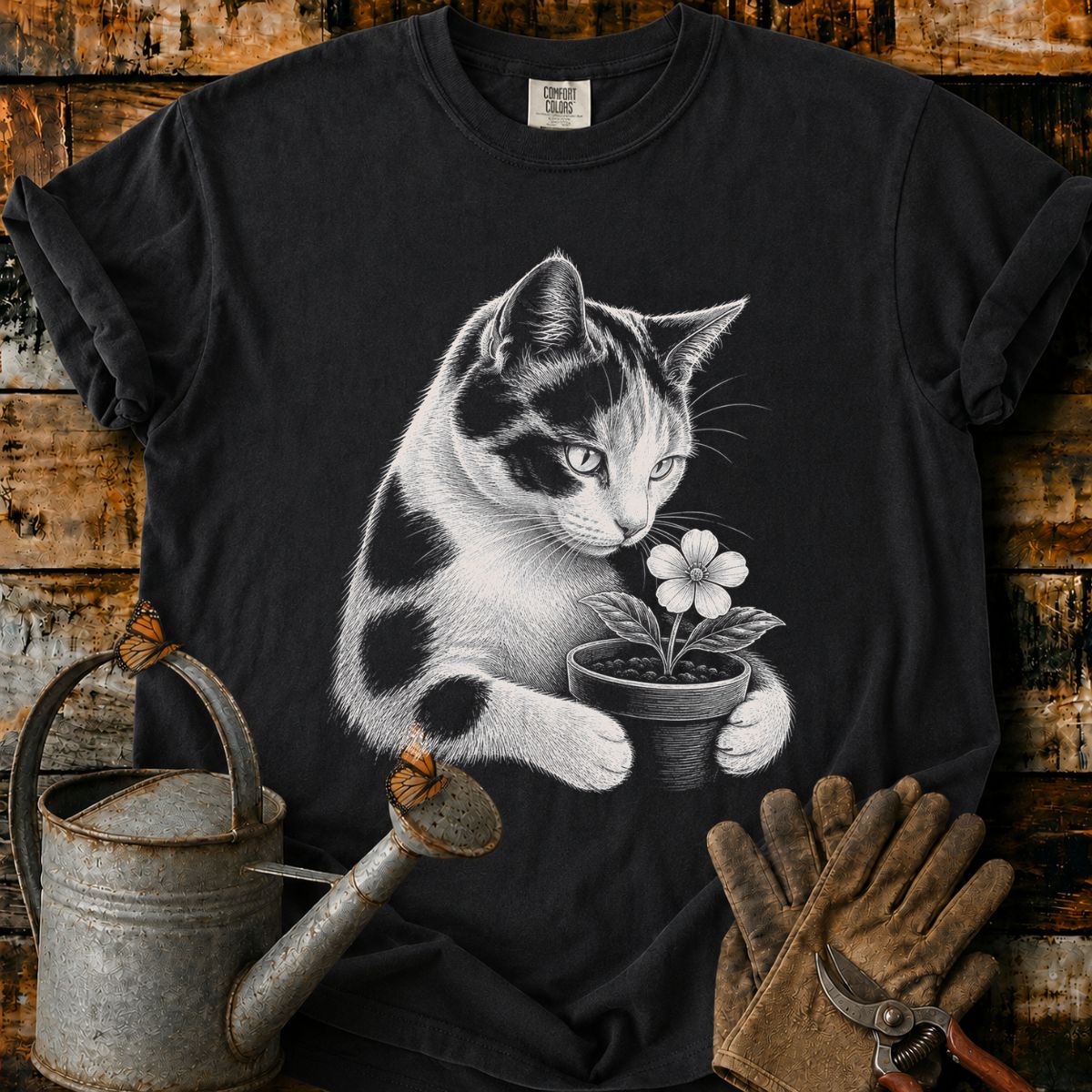 Calico Cat With Flower Pot Art T-Shirt