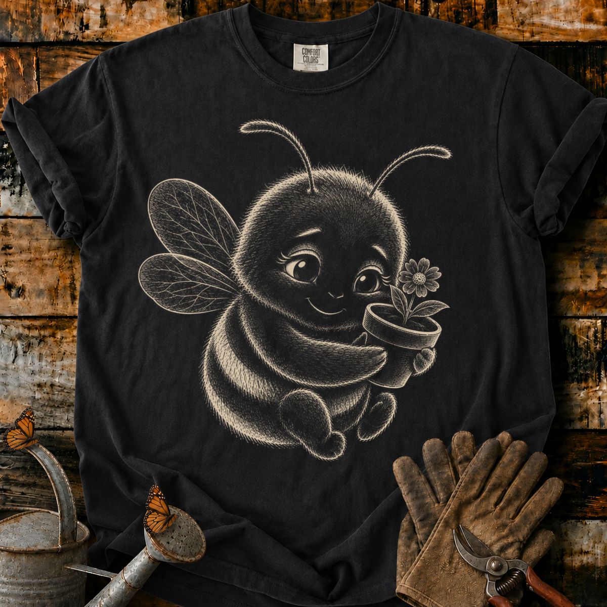Bee With Flower Pot Art T-Shirt