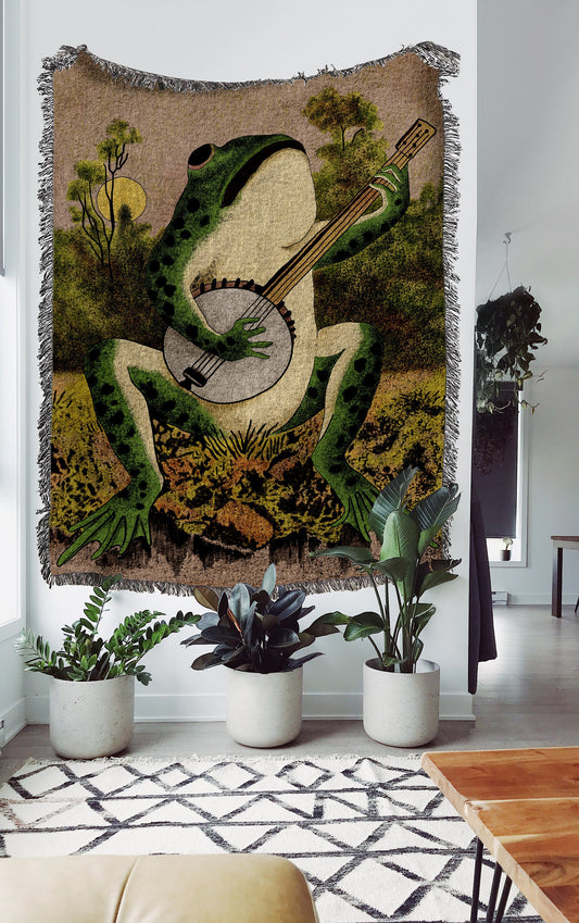 Frog Playing Banjo Woven Blanket