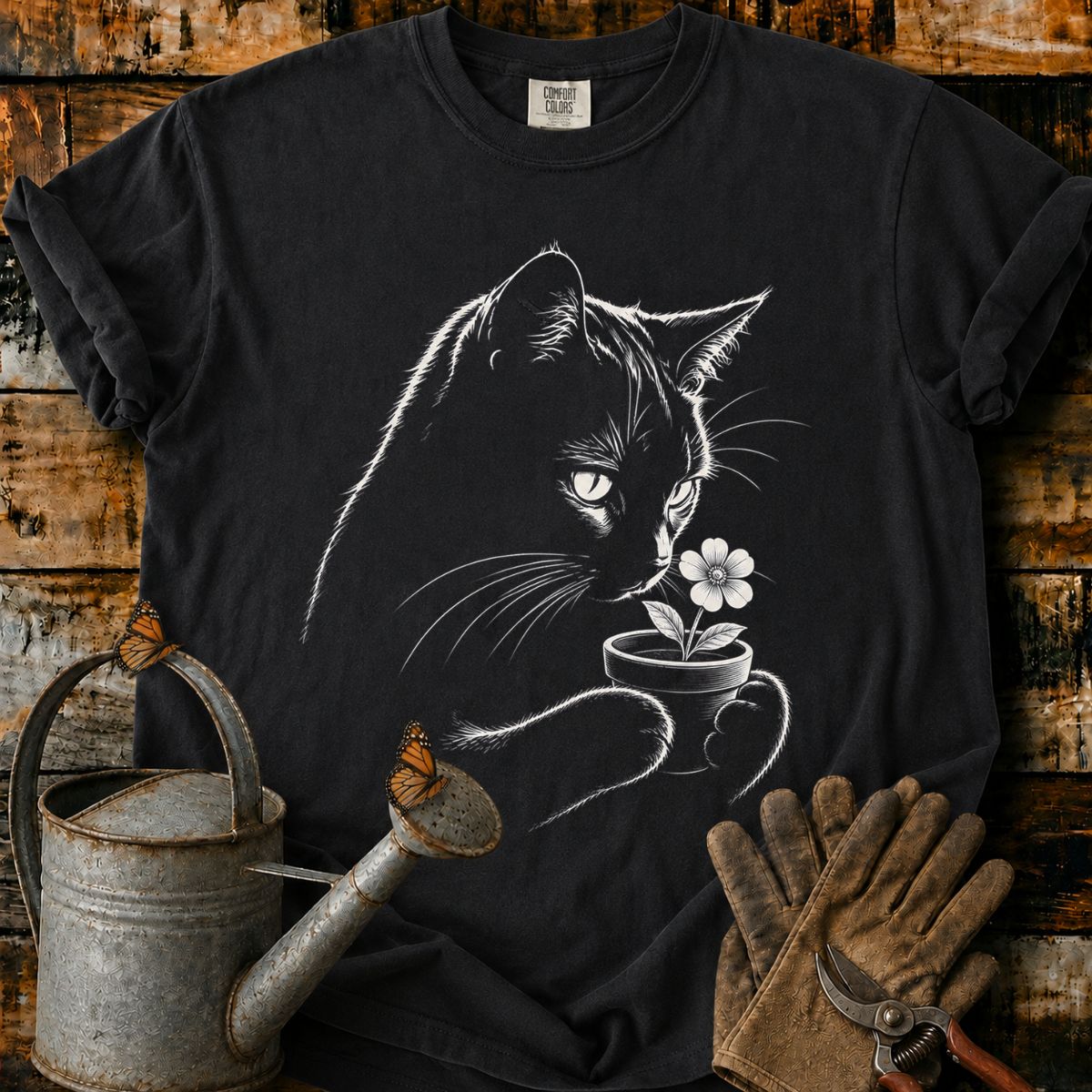 Black Cat With Flower Pot Art T-Shirt