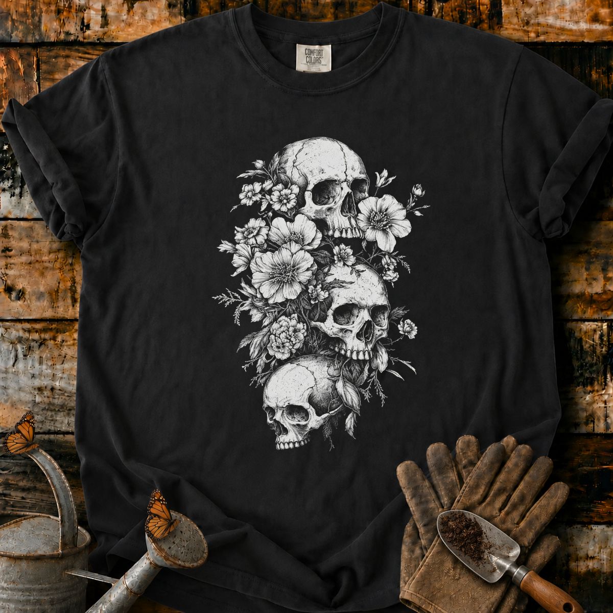 Gothic Skull and Floral Engraving T-Shirt