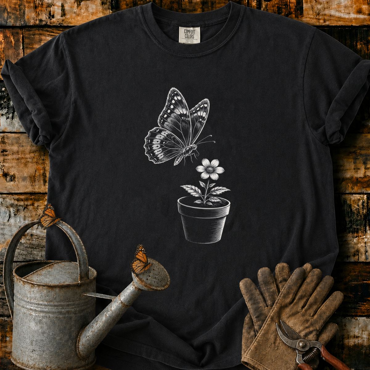 Butterfly With Flower Pot Art T-Shirt