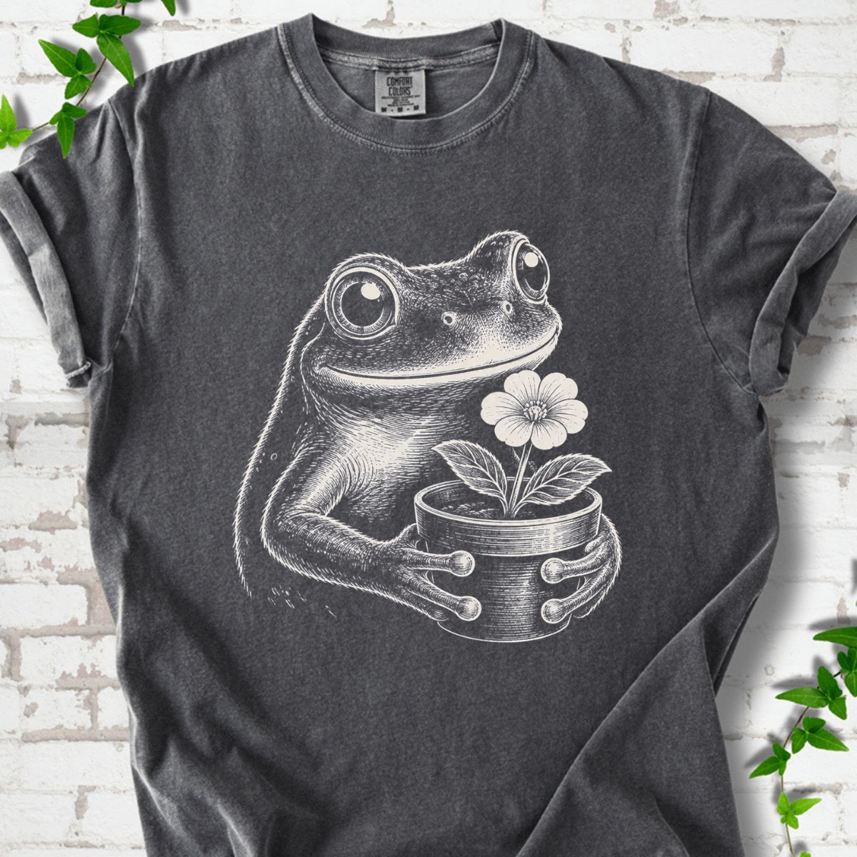 Frog With Flower Pot Art T-Shirt