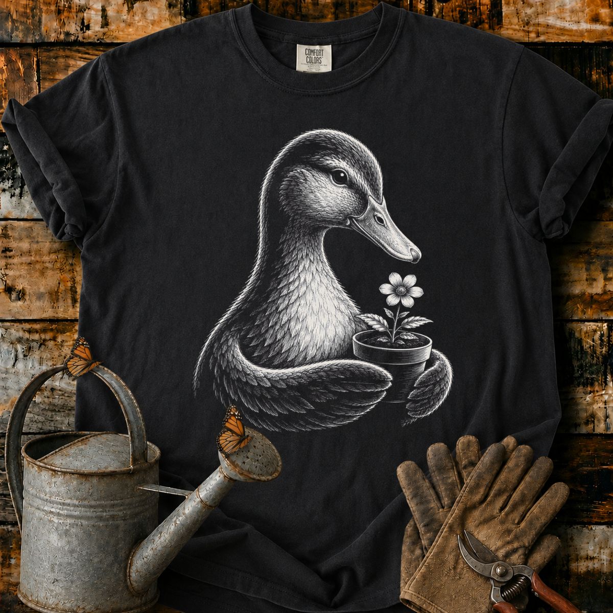 Duck With Flower Pot Art T-Shirt