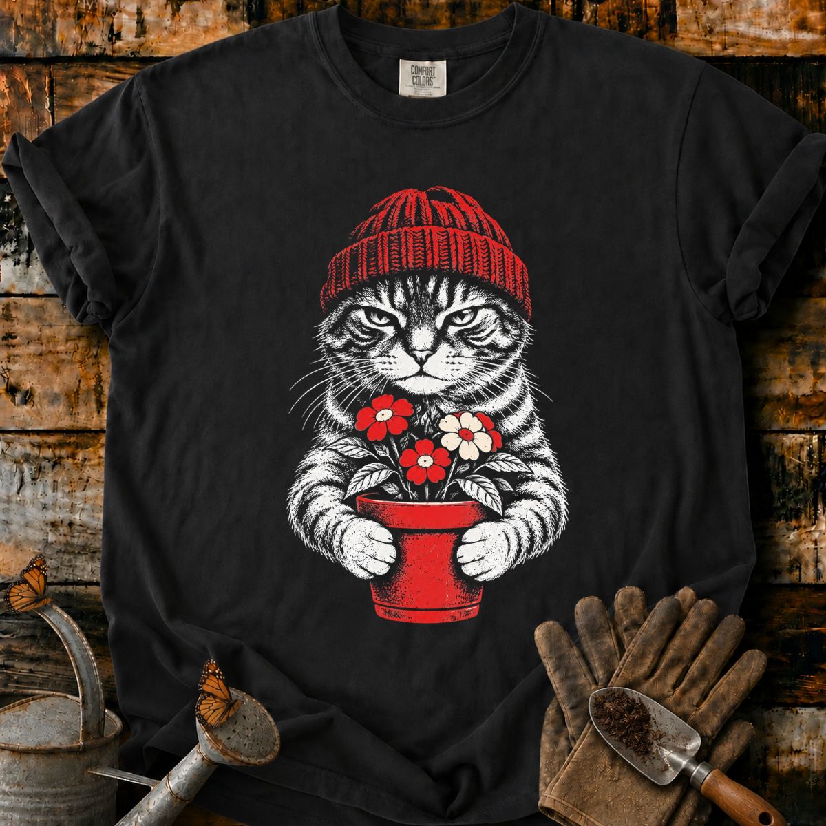 Grumpy Tabby with Flowers T-Shirt