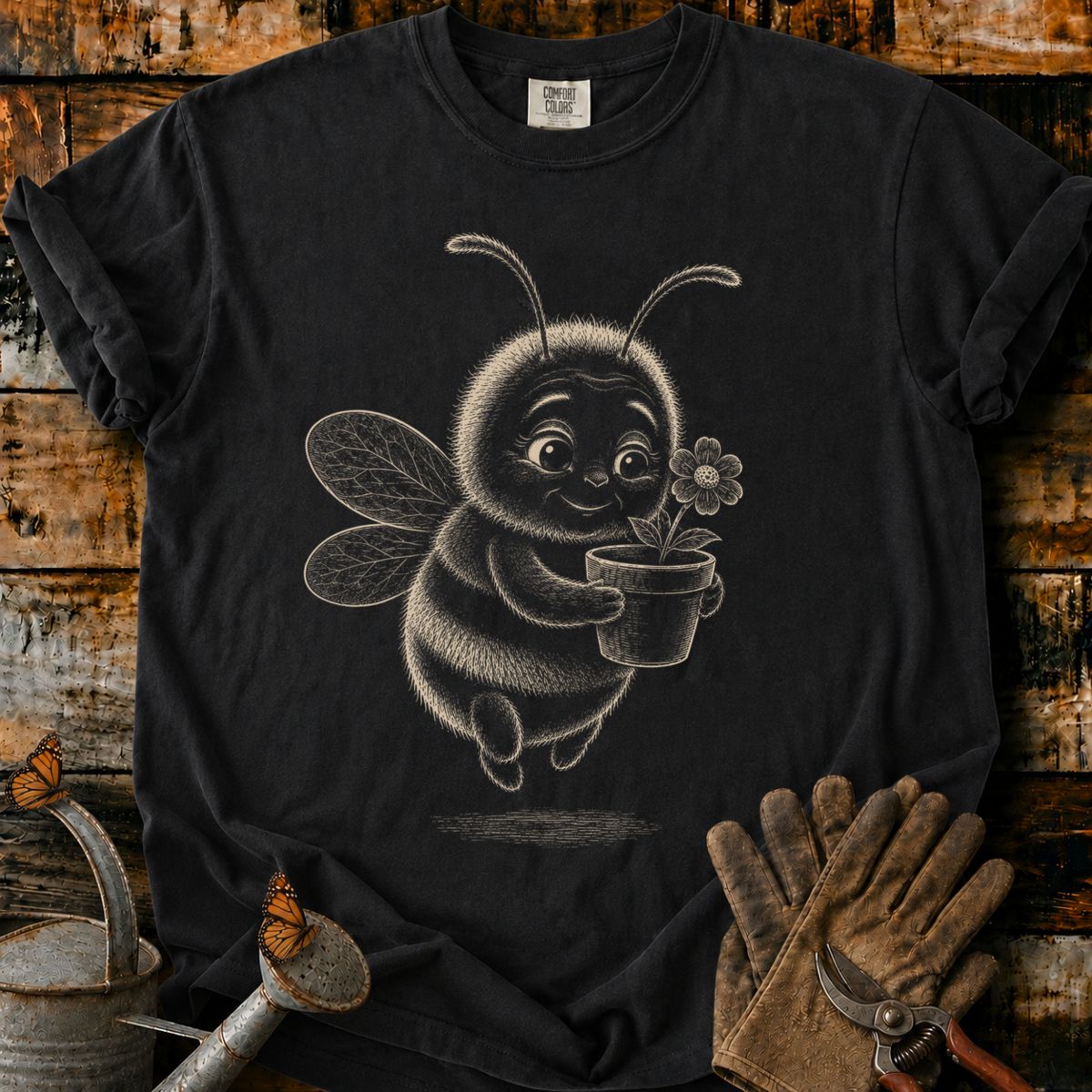 Bee With Flower Pot Art T-Shirt