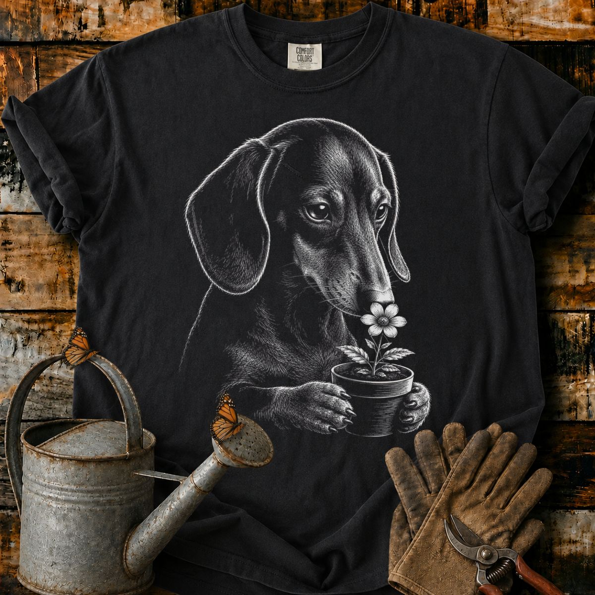 Dachshund With Flower Pot Art T-Shirt