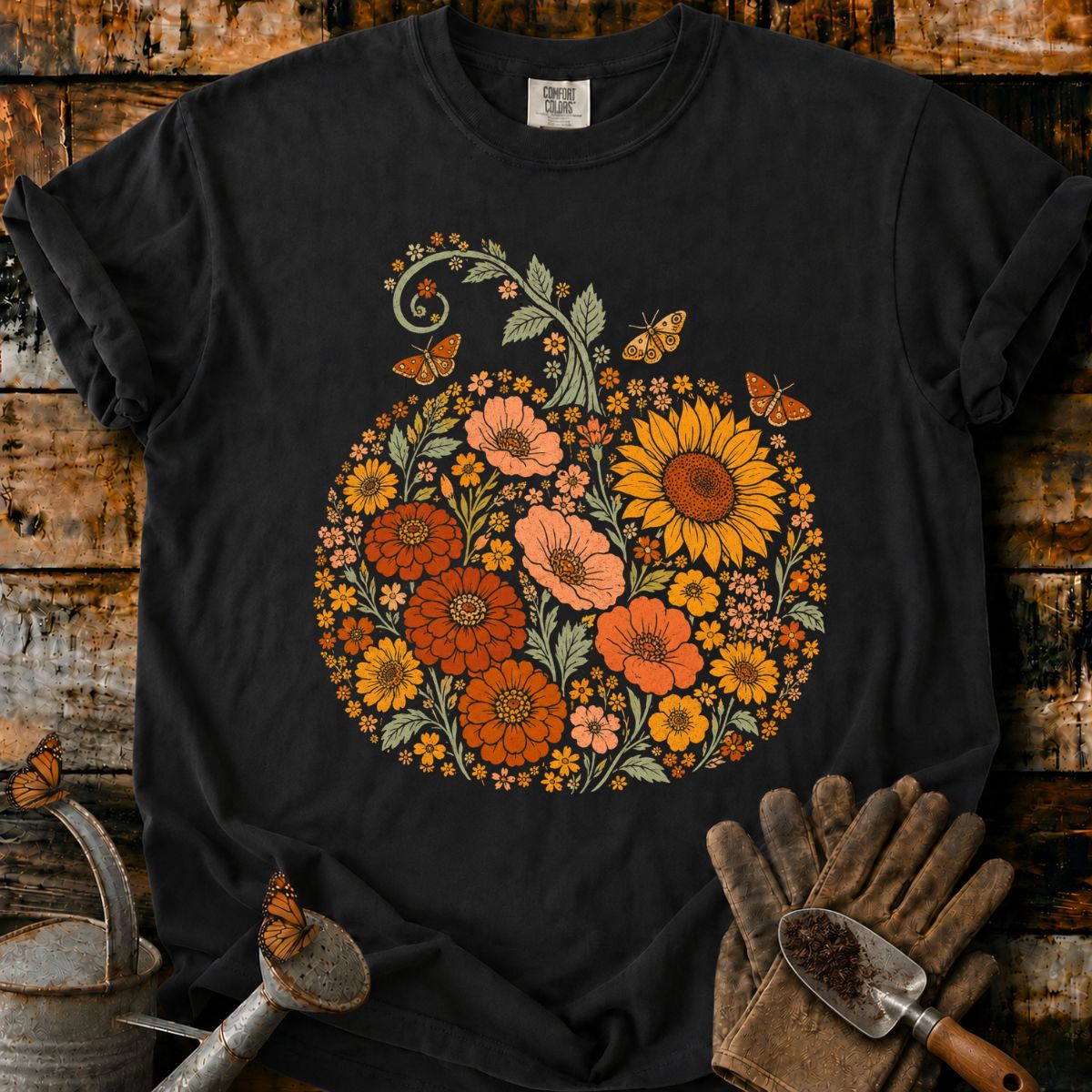 Asymmetrical Meadow Pumpkin with Sunflower and Moths T-Shirt