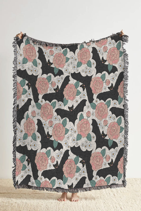 Gothic Bat Floral Woven Blanket