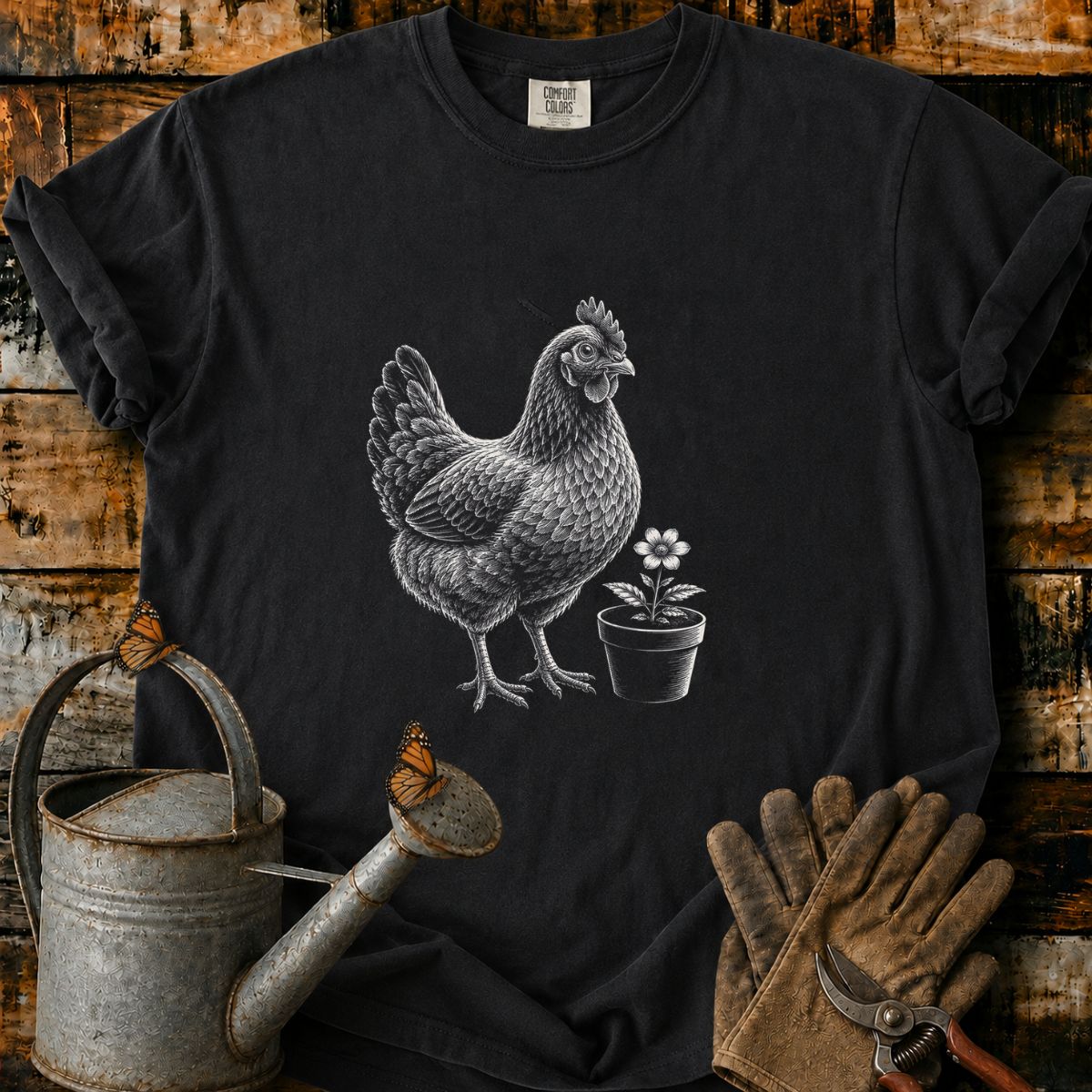 Hen With Flower Pot Art T-Shirt