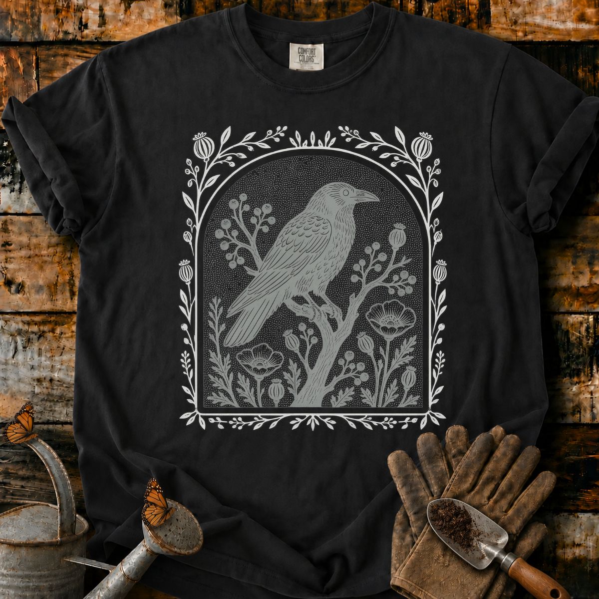 Lone Raven in a Botanical Arch T-Shirt