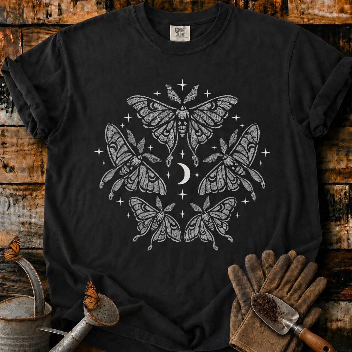Five Luna Moths Around a Crescent Moon T-Shirt
