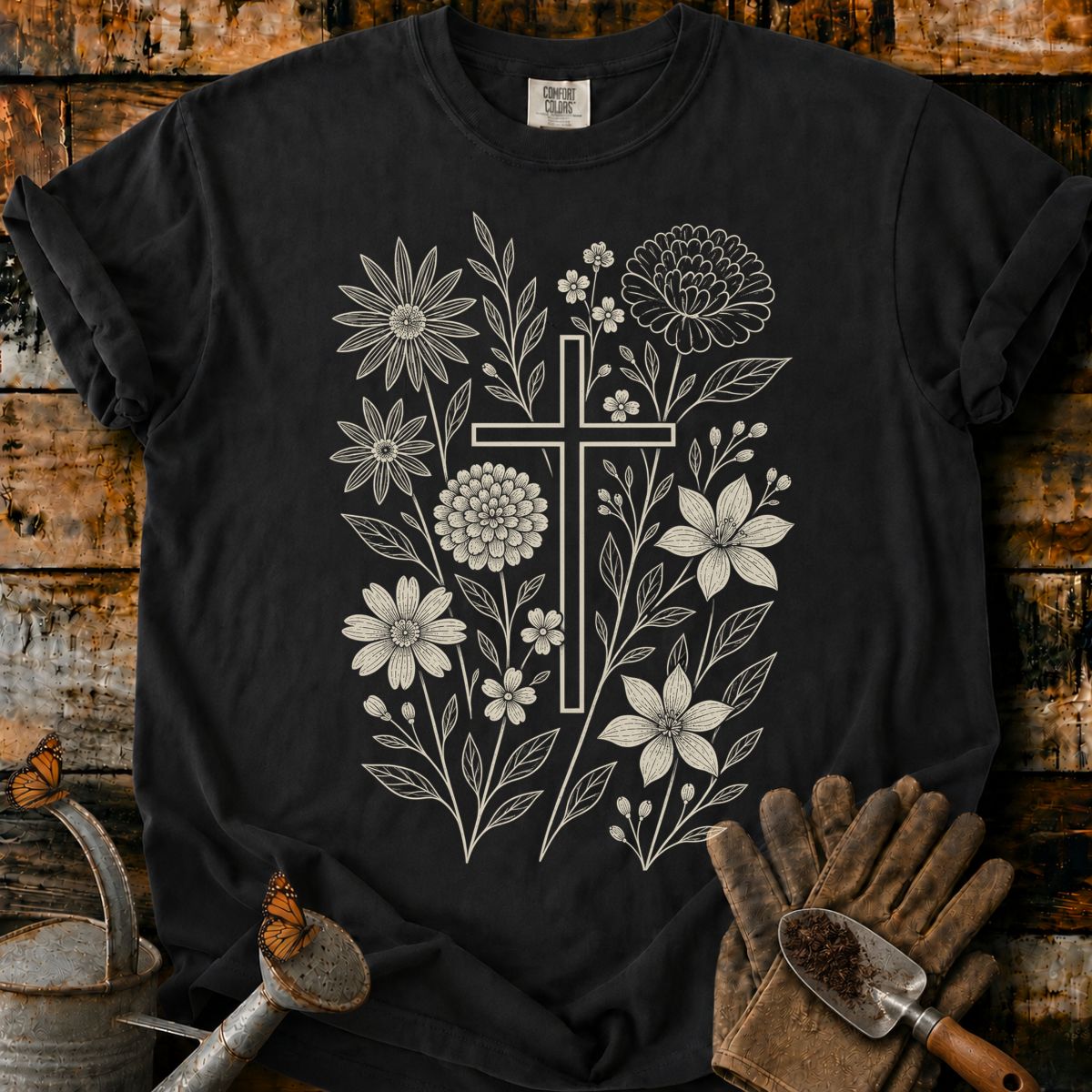 Vintage Botanical Cross Engraving T-Shirt