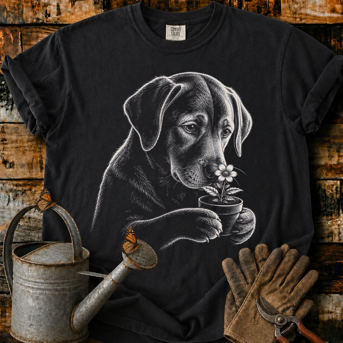 Labrador With Flower Pot Art T-Shirt